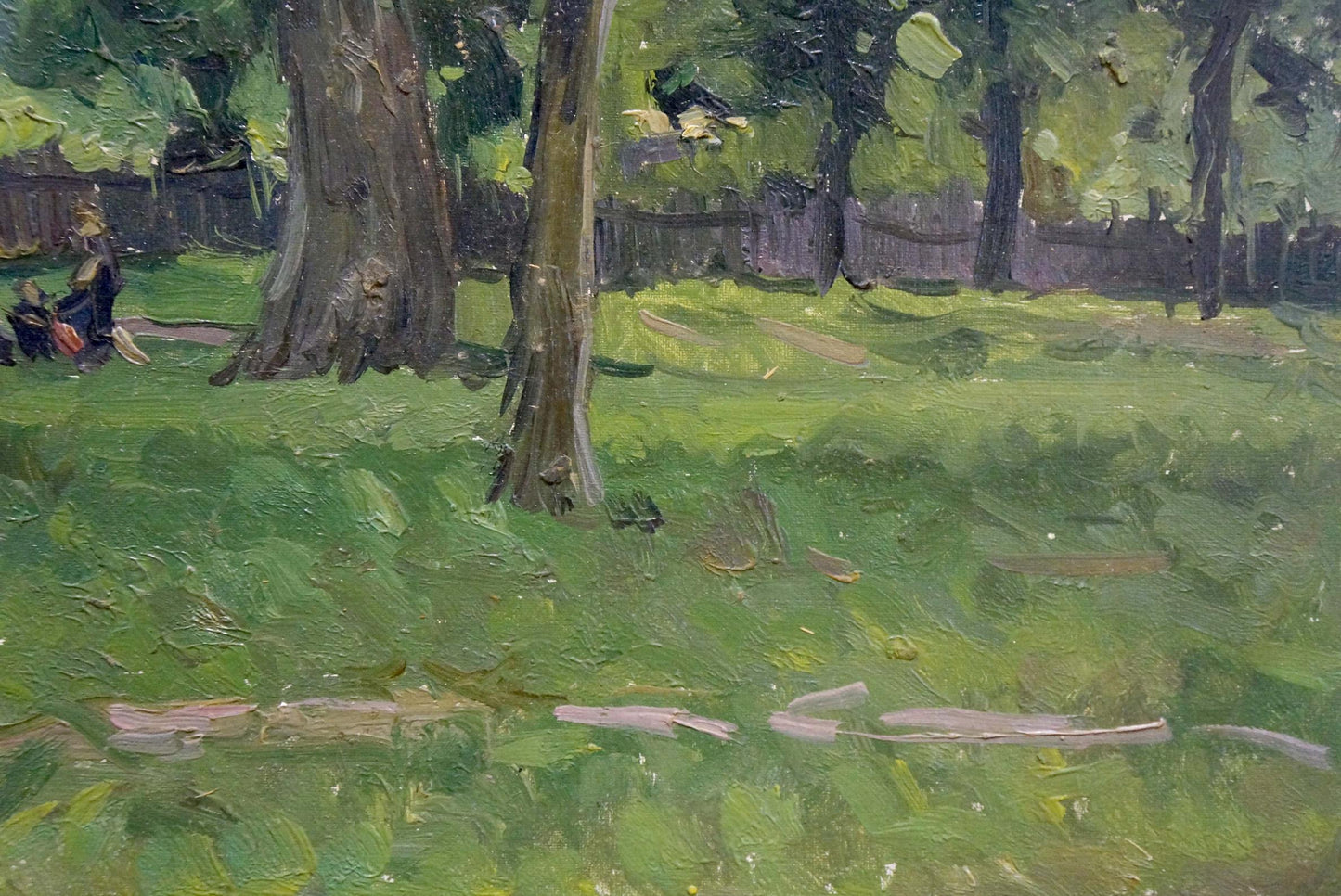 Oil painting by Chernesheva P: sunlit green lawn, tall trees, wooden fence