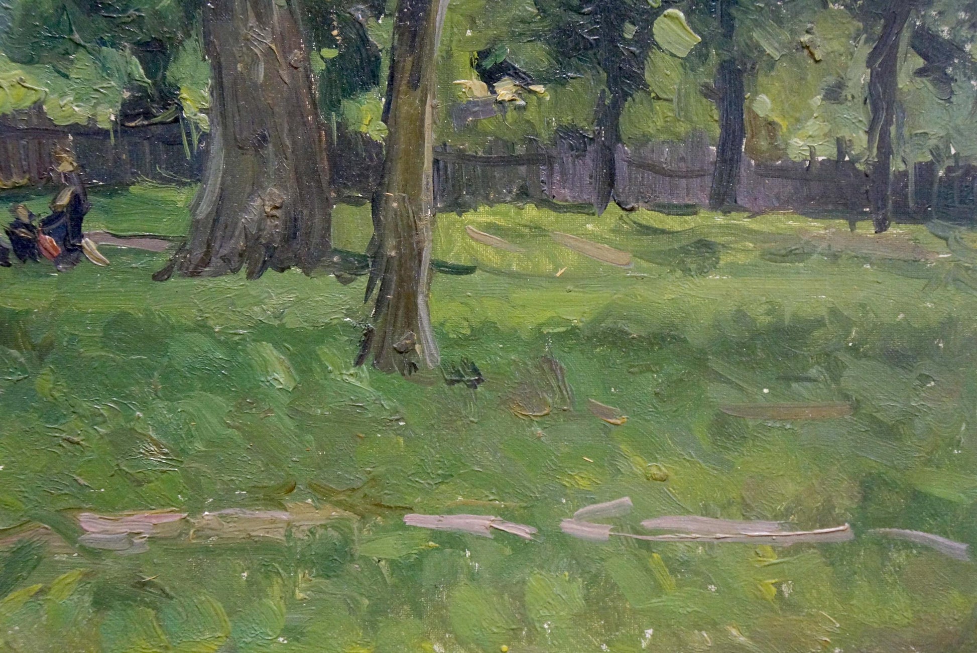 Oil painting by Chernesheva P: sunlit green lawn, tall trees, wooden fence