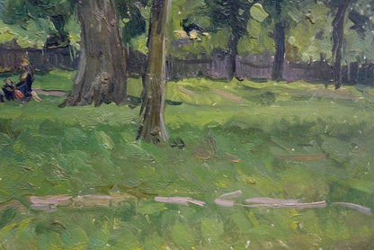 Oil painting by Chernesheva P: sunlit green lawn, tall trees, wooden fence
