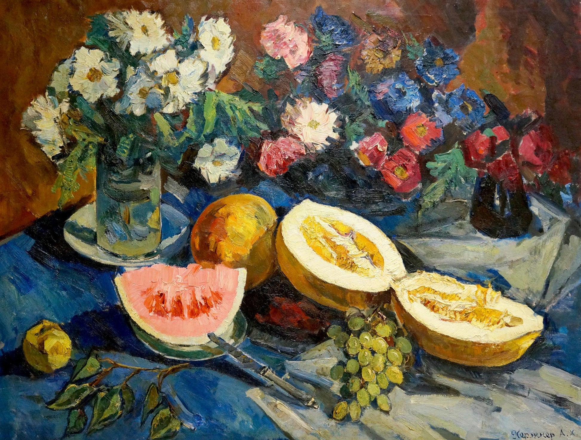 Oil painting by Alexander Kerzhner: vibrant flowers, melon, watermelon, grapes