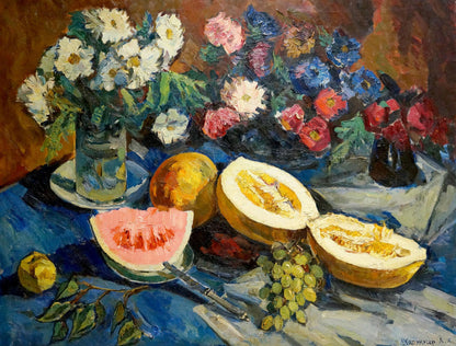 Oil painting by Alexander Kerzhner: vibrant flowers, melon, watermelon, grapes