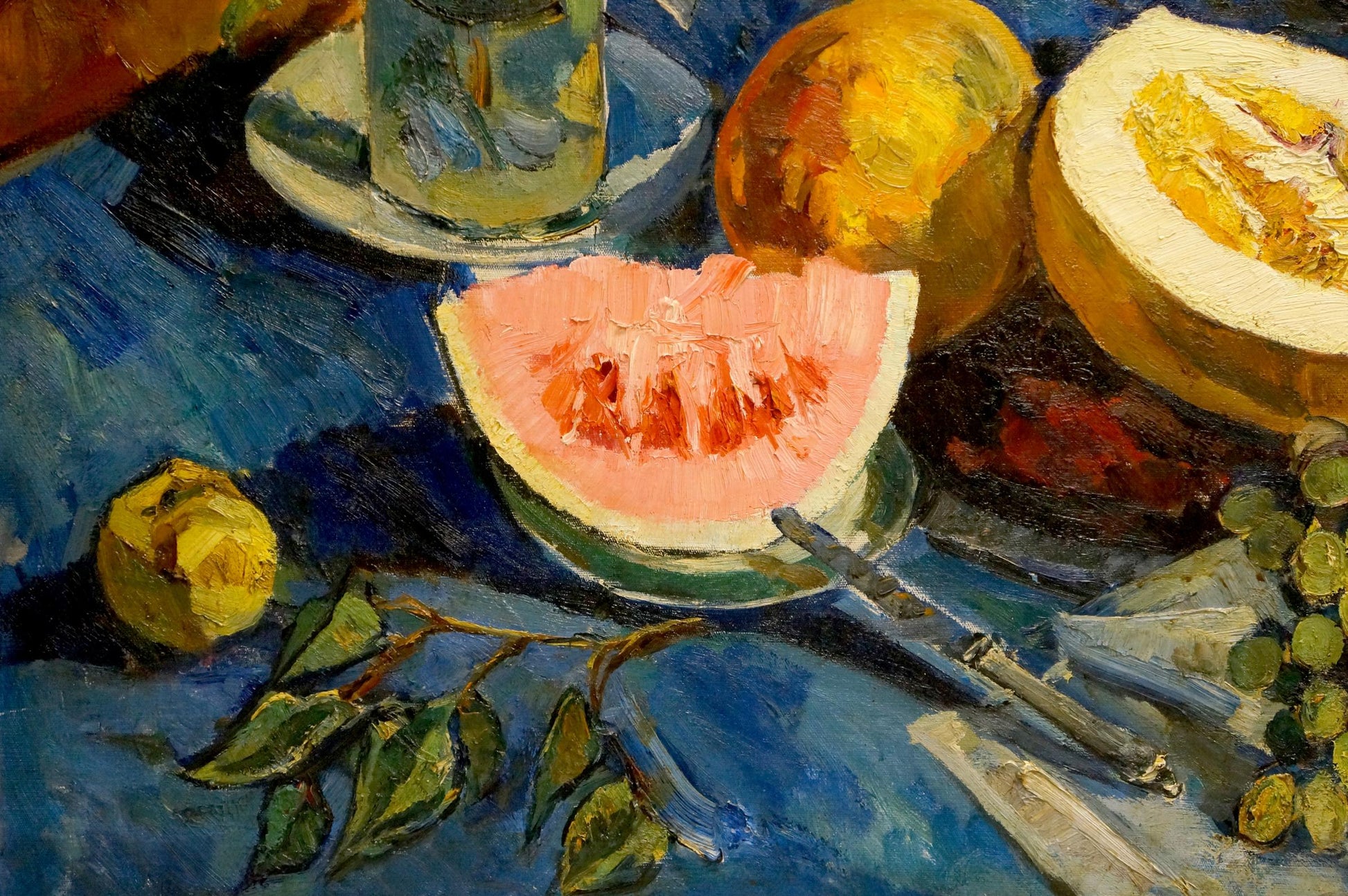 Oil painting of vibrant pink watermelon slice by Alexander Kerzhner