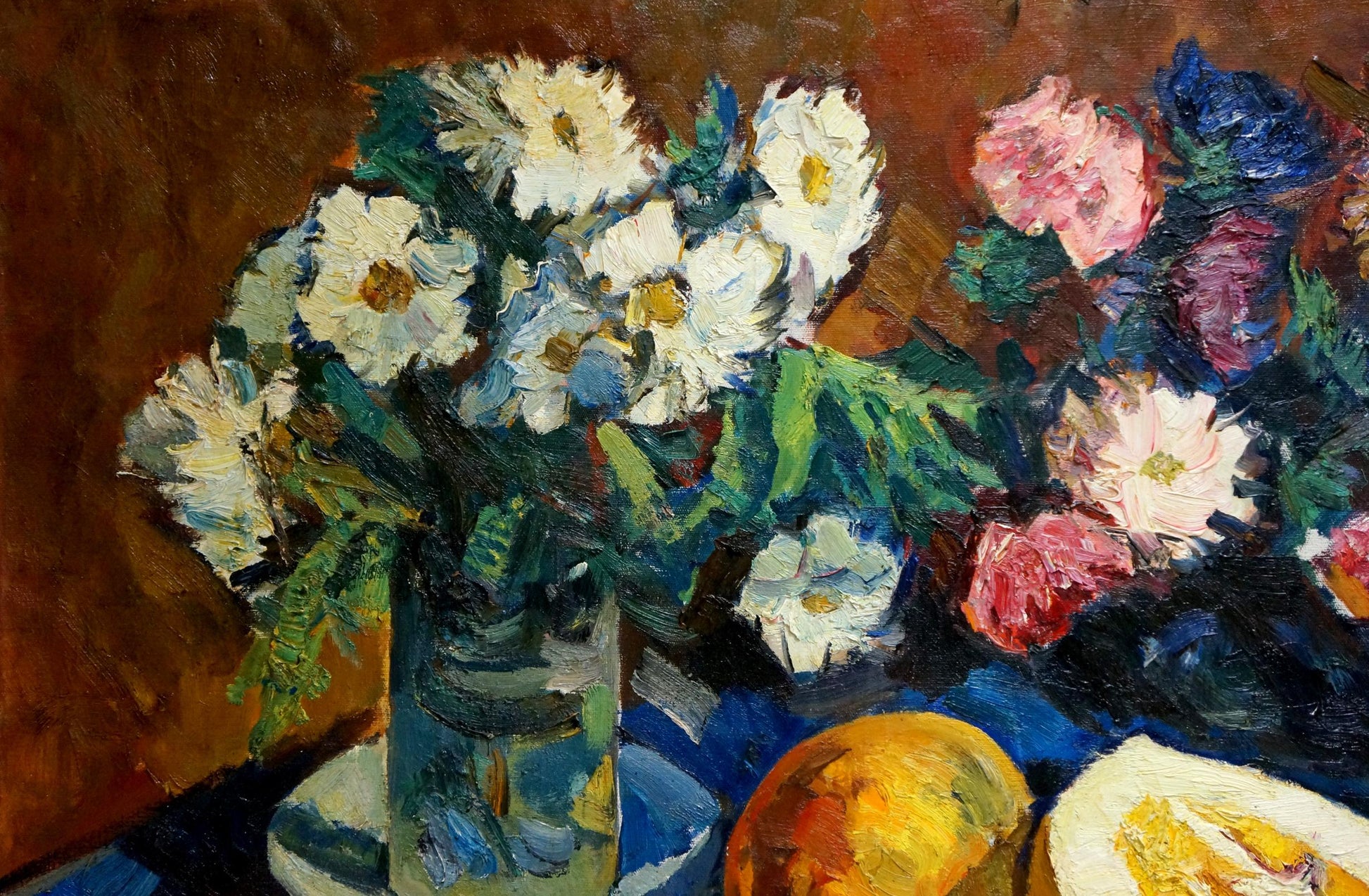 Oil painting of vibrant white daisies and pink roses bouquet by Alexander Kerzhner