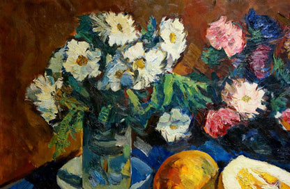 Oil painting of vibrant white daisies and pink roses bouquet by Alexander Kerzhner