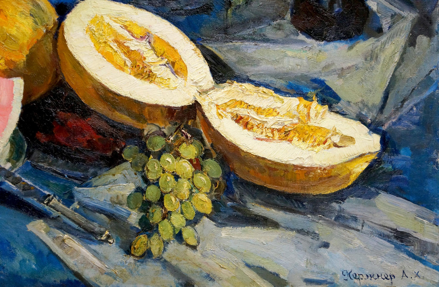 Oil painting of halved cantaloupe and grapes by Alexander Kerzhner