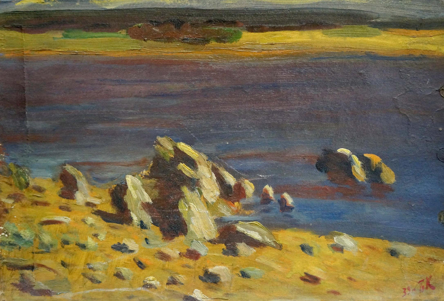 Oil painting of sandy river bank with rocky shoreline in warm tones