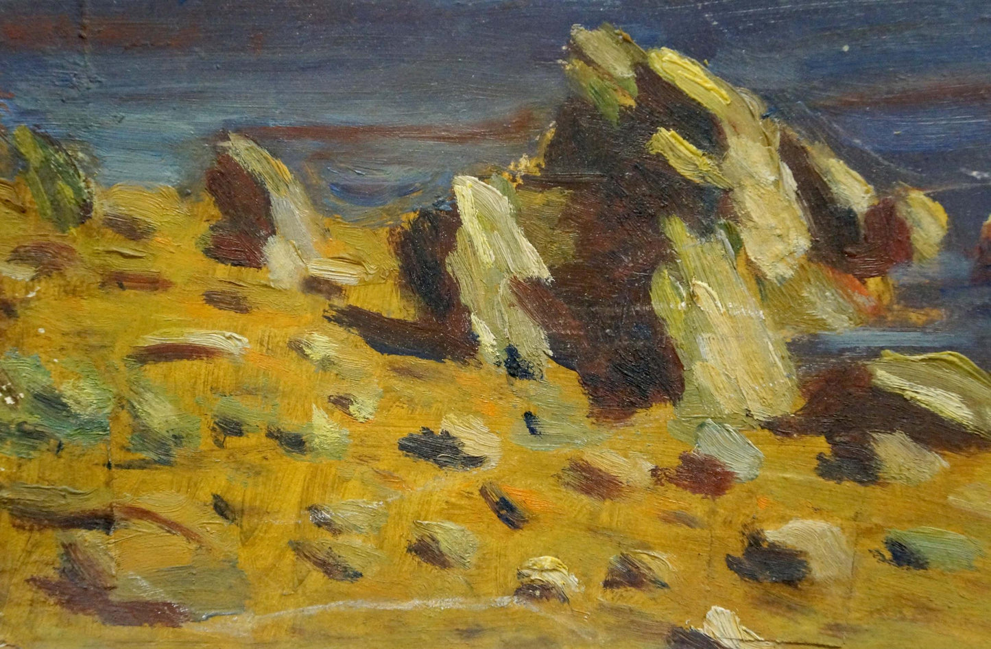 Textured oil painting of sunlit sandy river bank rocks by unknown artist
