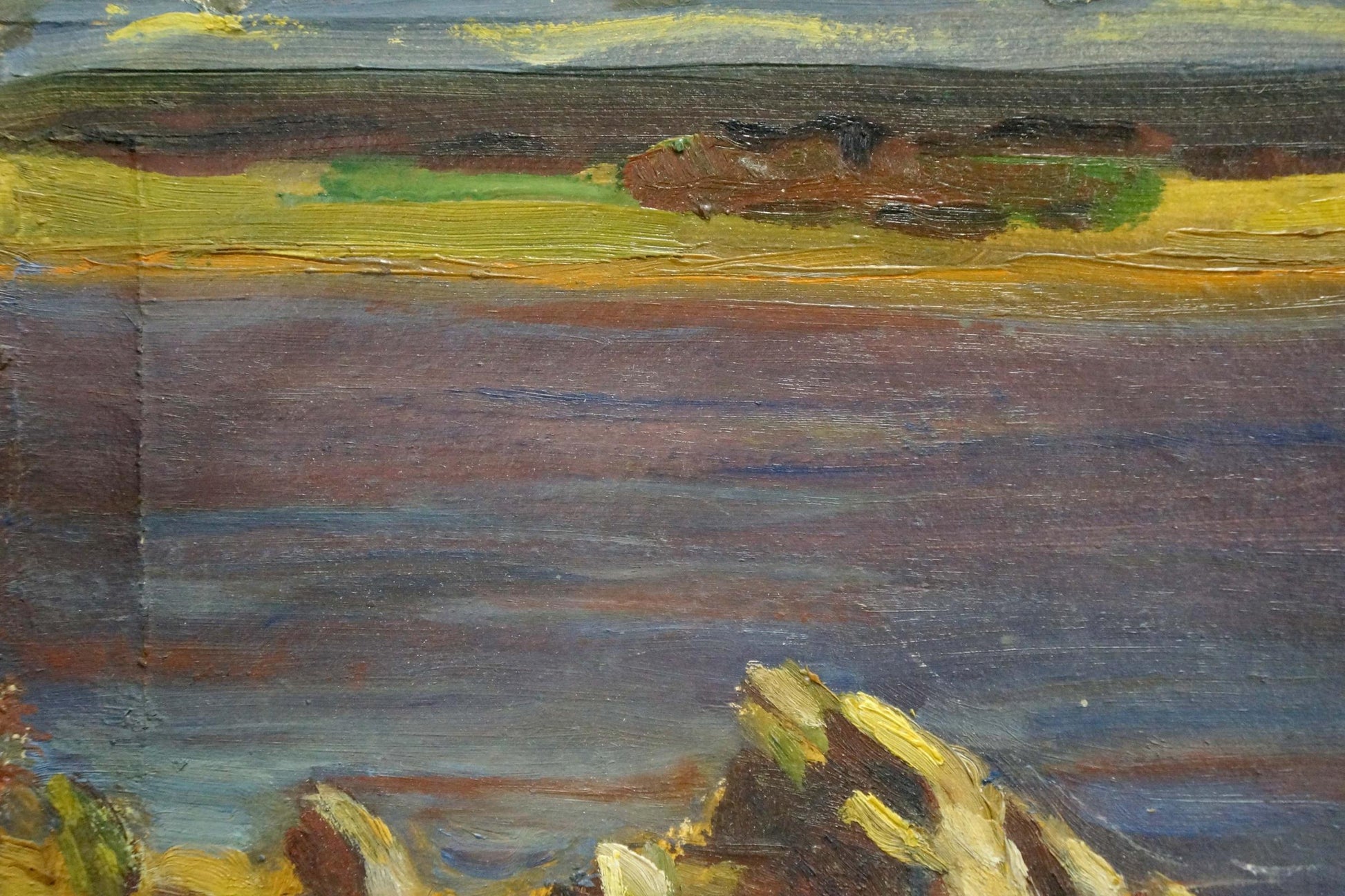 Oil painting of sandy river bank coastal landscape by unknown artist