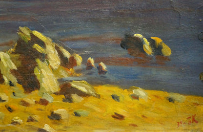 Oil painting of sandy river bank with yellow brown rocks and dark blue sea