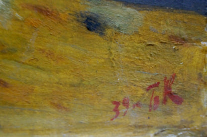 Textured yellow oil painting of Sandy river bank with red signature