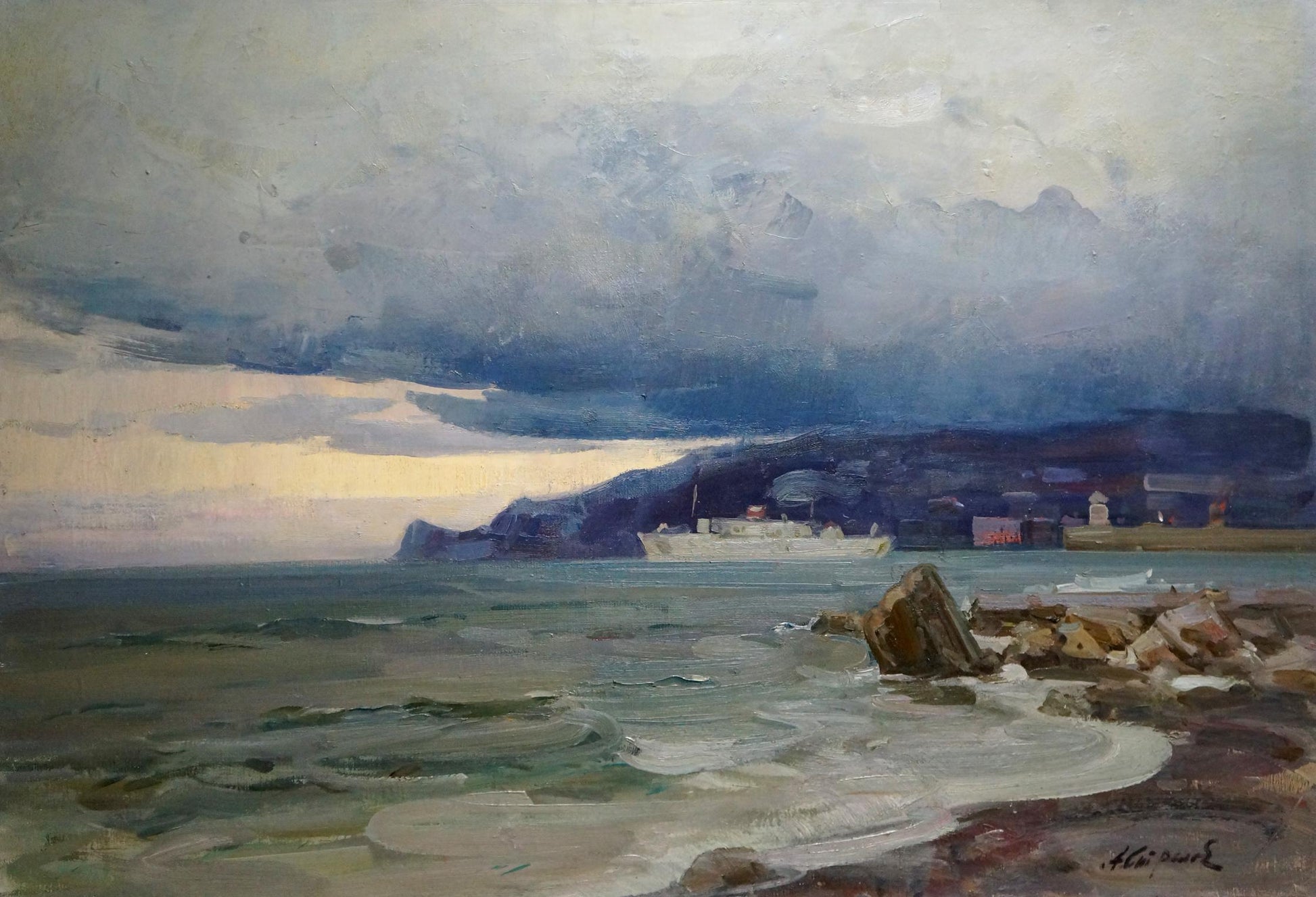 Oil painting Storm by Strelov Arkady Efimovich moody coastal scene