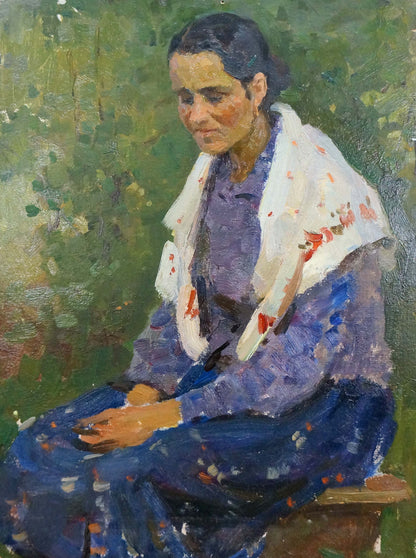 Oil painting portrait of woman in purple floral dress by Fokin Leonid Andreevich