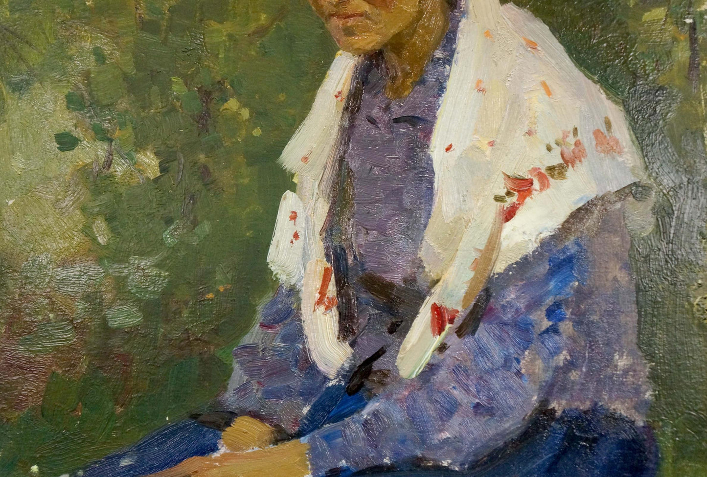 Oil painting portrait of girl in Fokin shawl with pink red floral embroidery