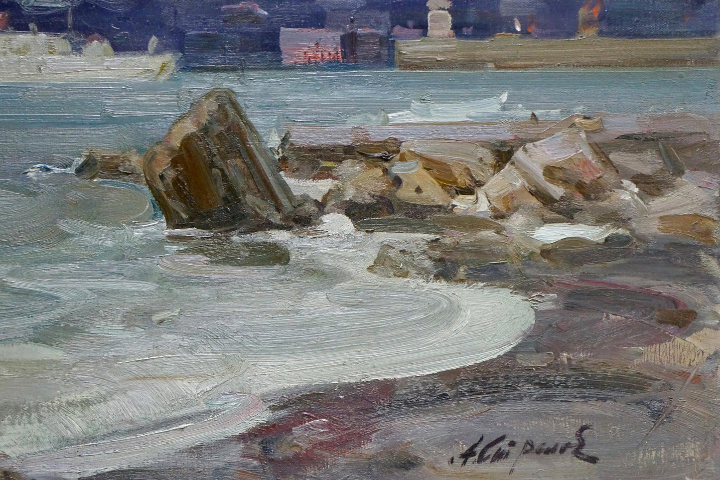 Textured impressionistic oil painting of rocky shoreline by Storm Strelov Arkady Efimovich