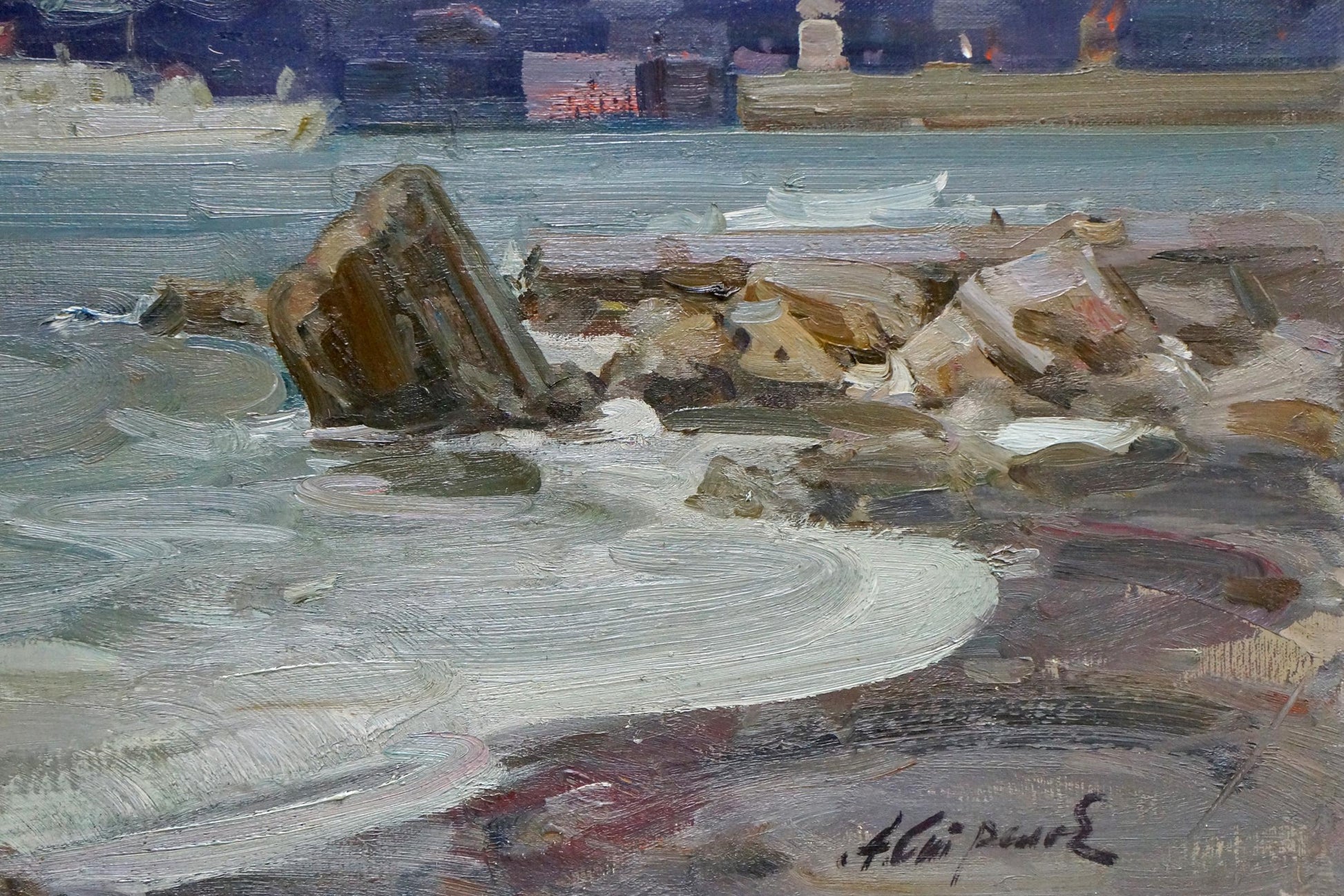 Textured impressionistic oil painting of rocky shoreline by Storm Strelov Arkady Efimovich