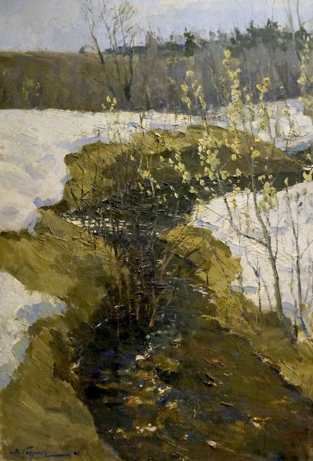 Oil painting The arrival of winter by Gavrilov V. N., snowy stream and trees