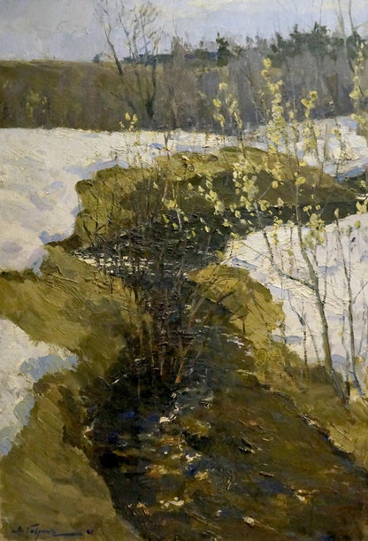 Oil painting The arrival of winter by Gavrilov V. N., snowy stream and trees