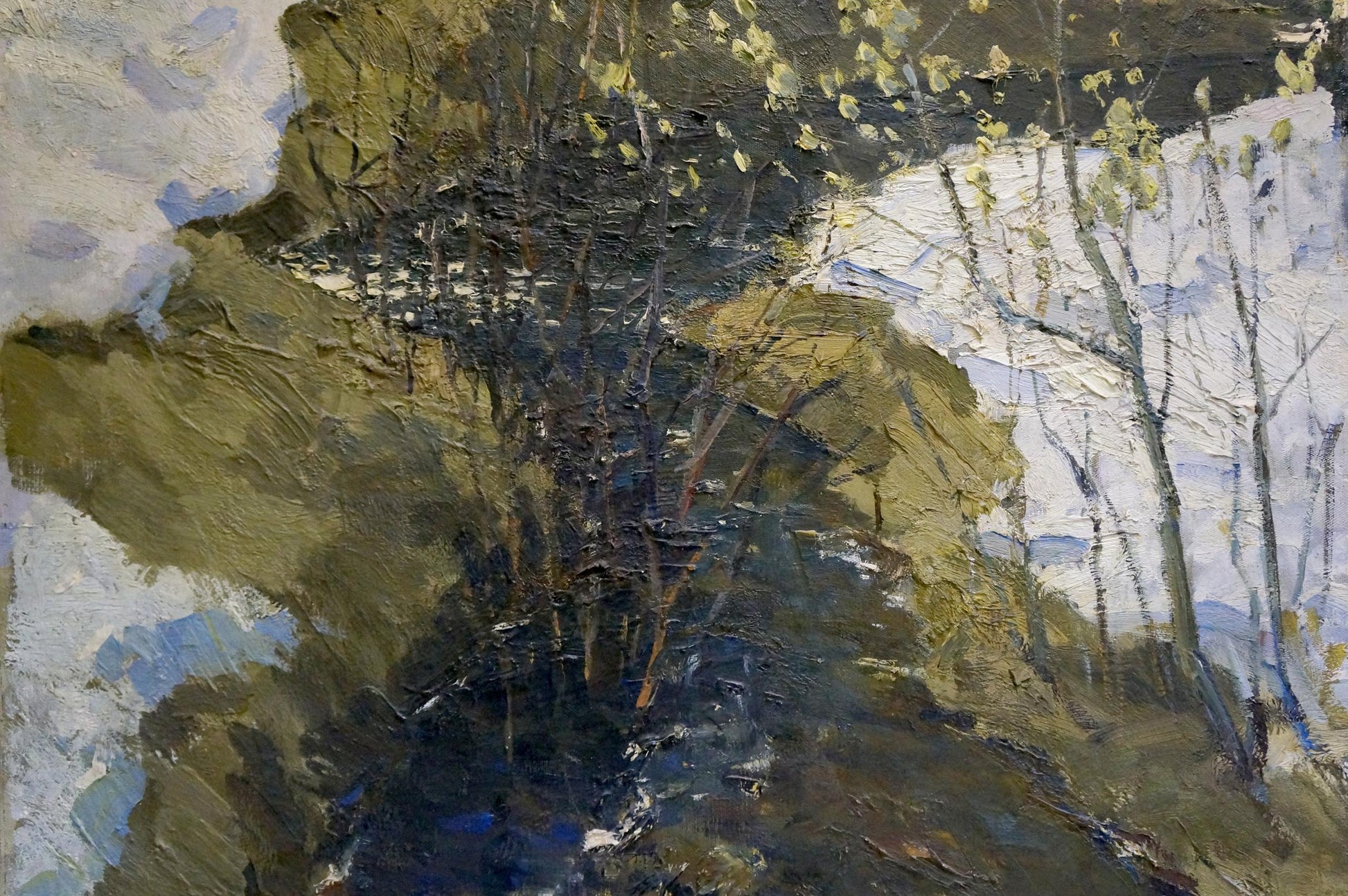 Oil painting The Arrival of Winter by Gavrilov V.N., impressionistic wooded hillside