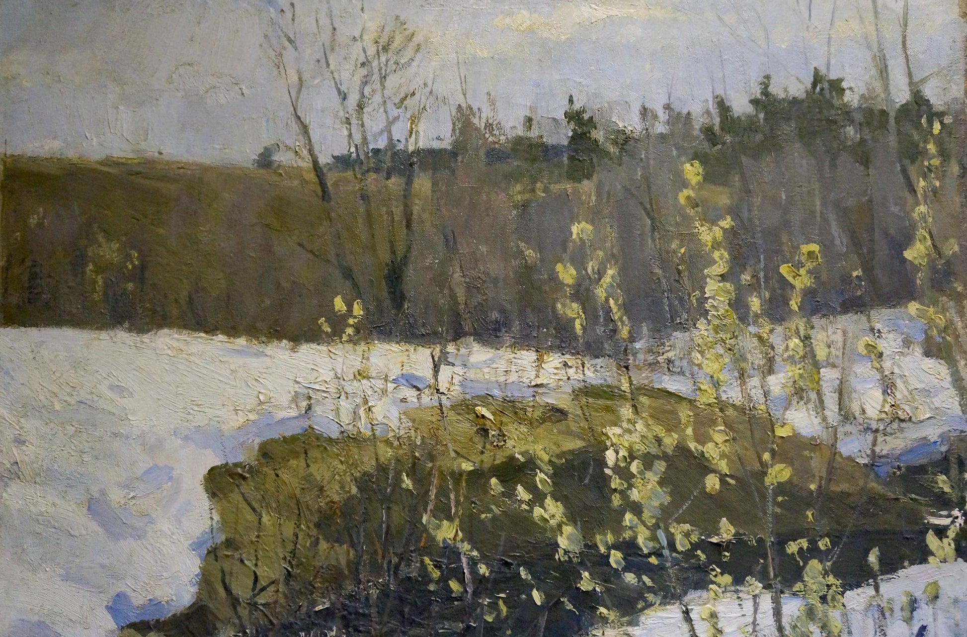 Oil painting The Arrival of Winter by Gavrilov V.N.: snowy landscape with green foliage