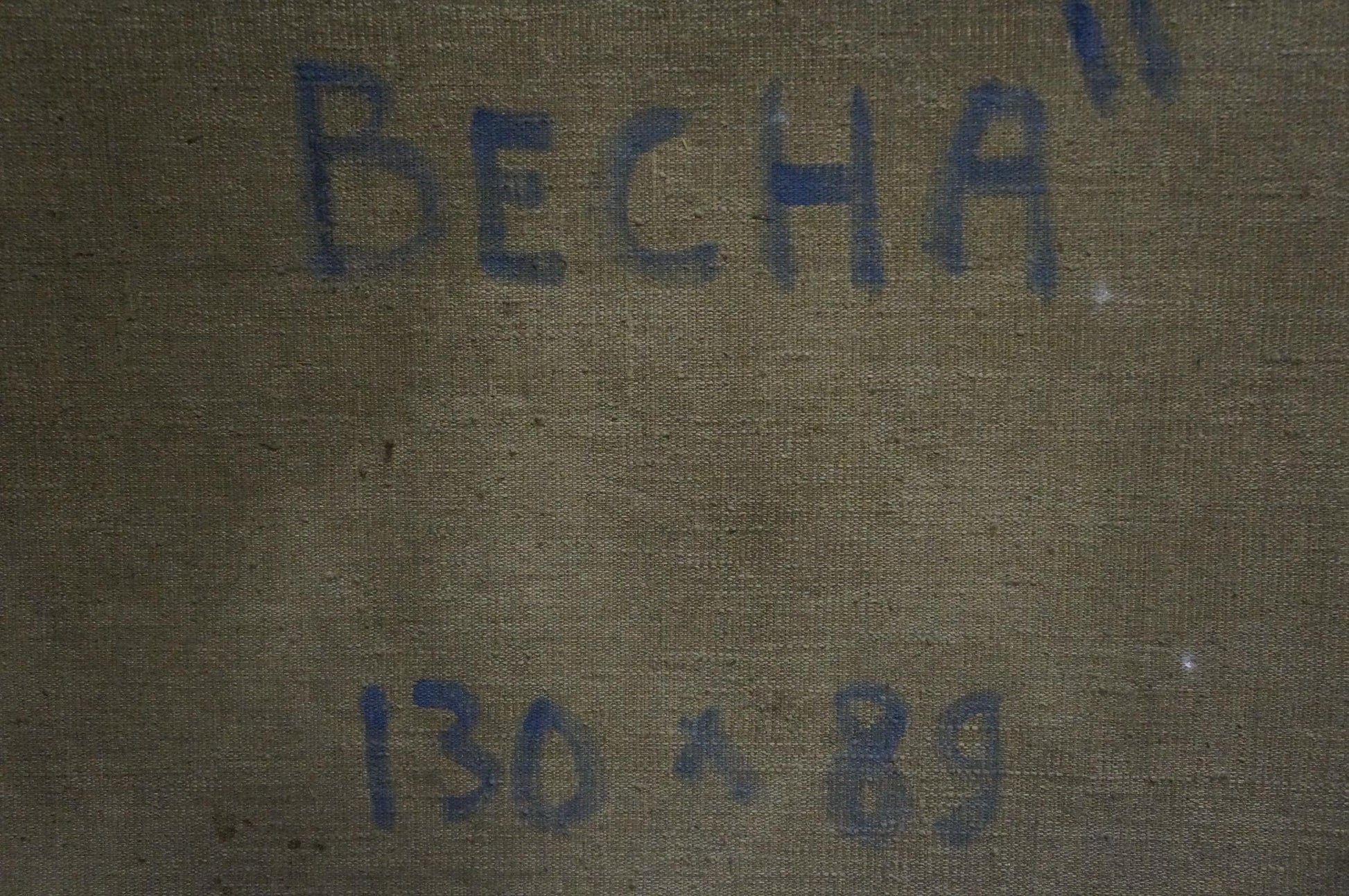Back of oil painting The arrival of winter by Gavrilov V. N. with becha in blue marker on olive-green canvas