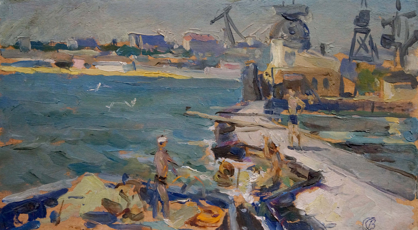 Vibrant impressionistic oil painting of ship repair harbor by Strelnikov Vladimir Vladimirovich