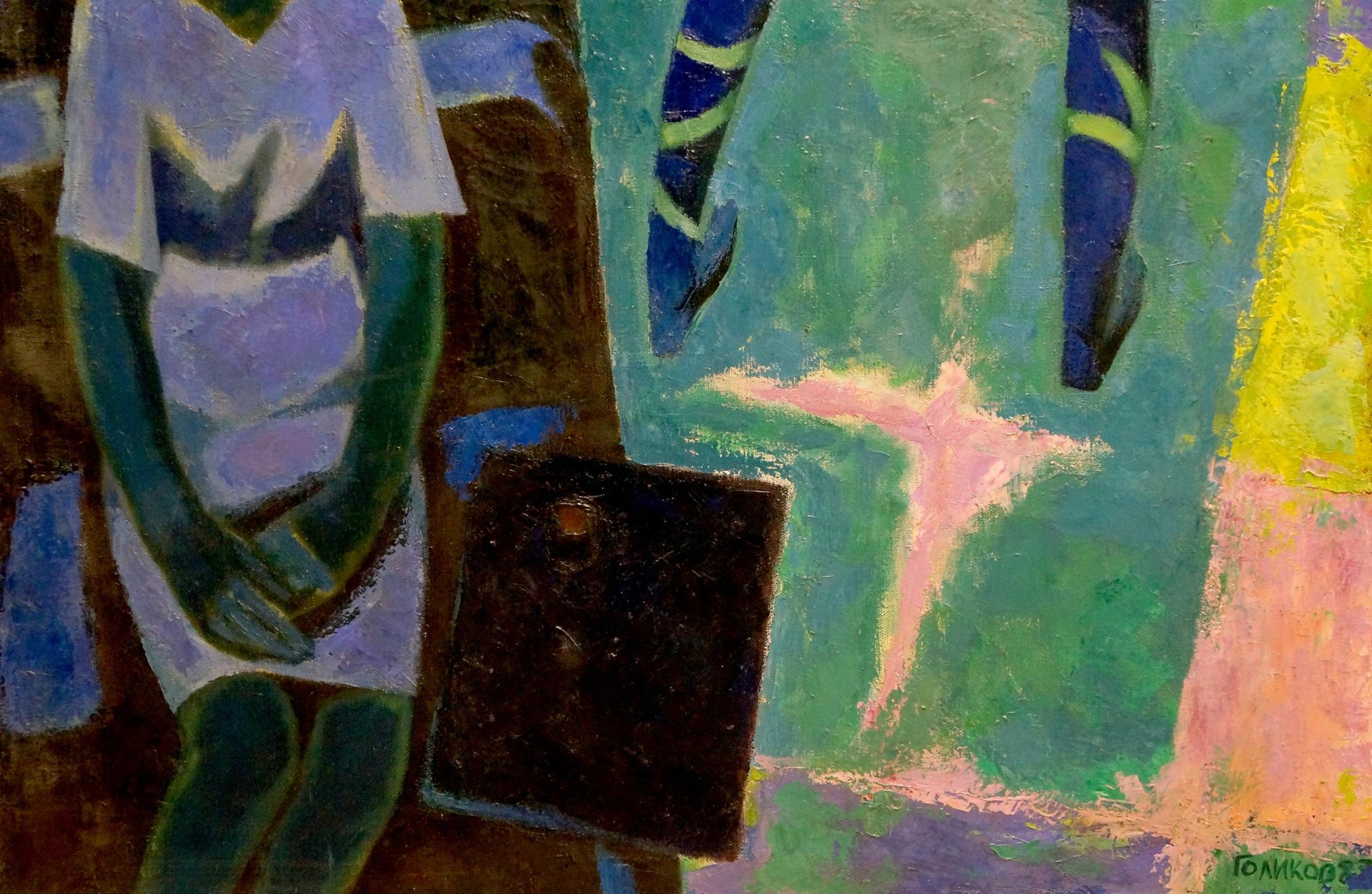 Dark textured square object in foreground of Abstract oil painting Dance Golikov I.E