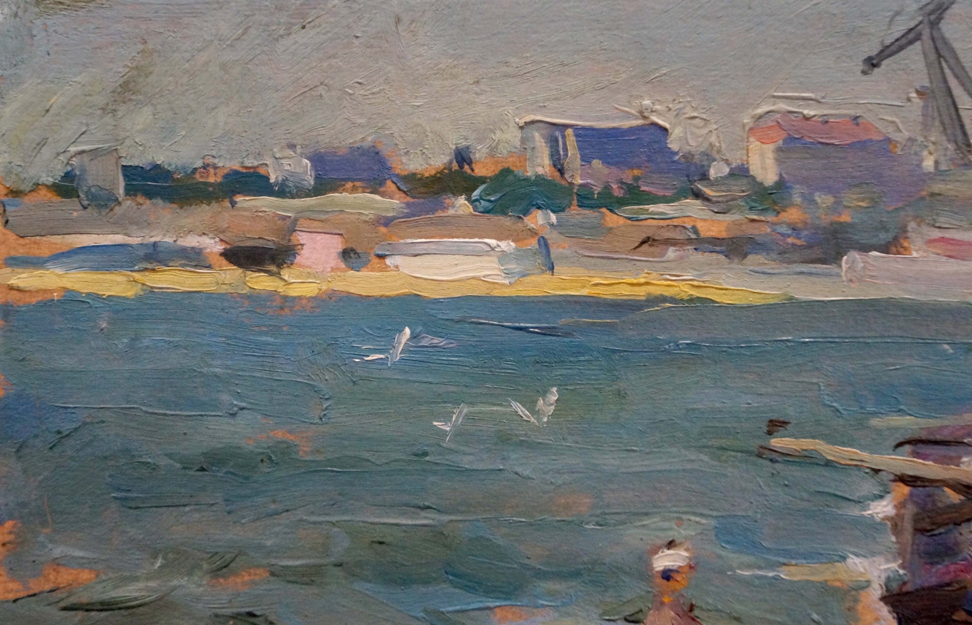 Impressionistic oil painting by Strelnikov of coastal ship repair scene
