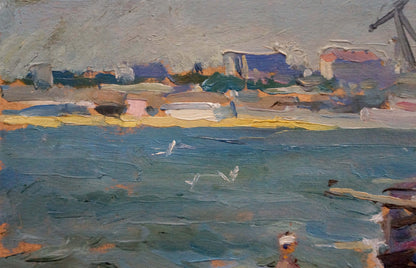 Impressionistic oil painting by Strelnikov of coastal ship repair scene