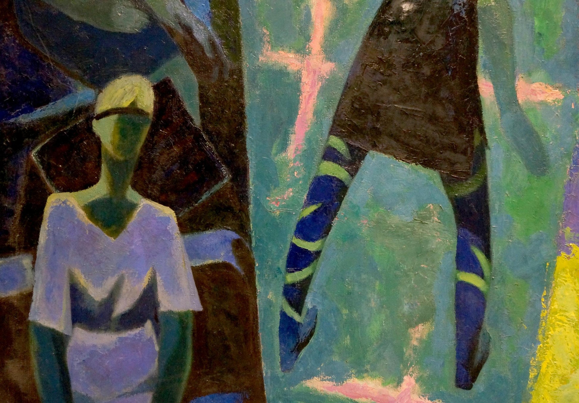 Abstract oil painting Dance Golikov I.E. with stylized figures in teal purple blue green