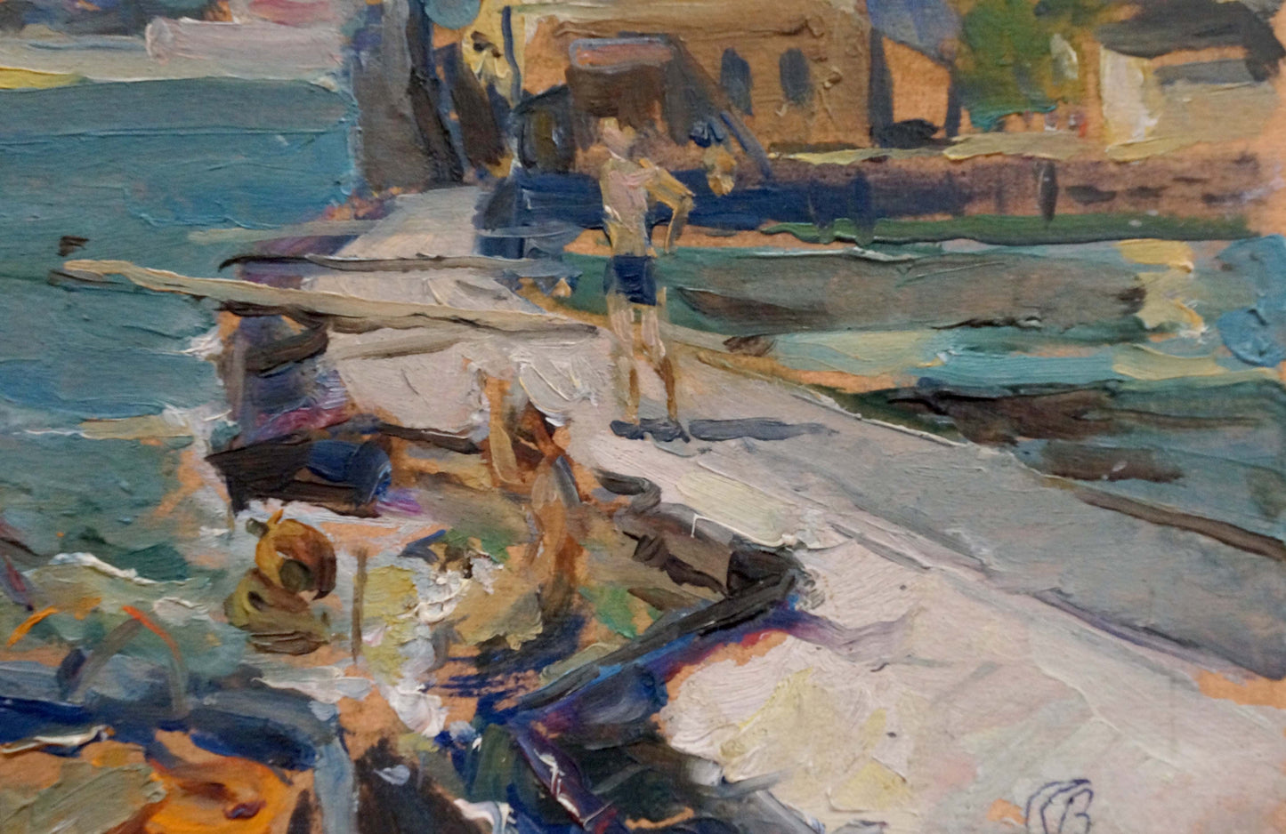Impressionistic oil painting by Strelnikov of man in blue trunks on dock near boats