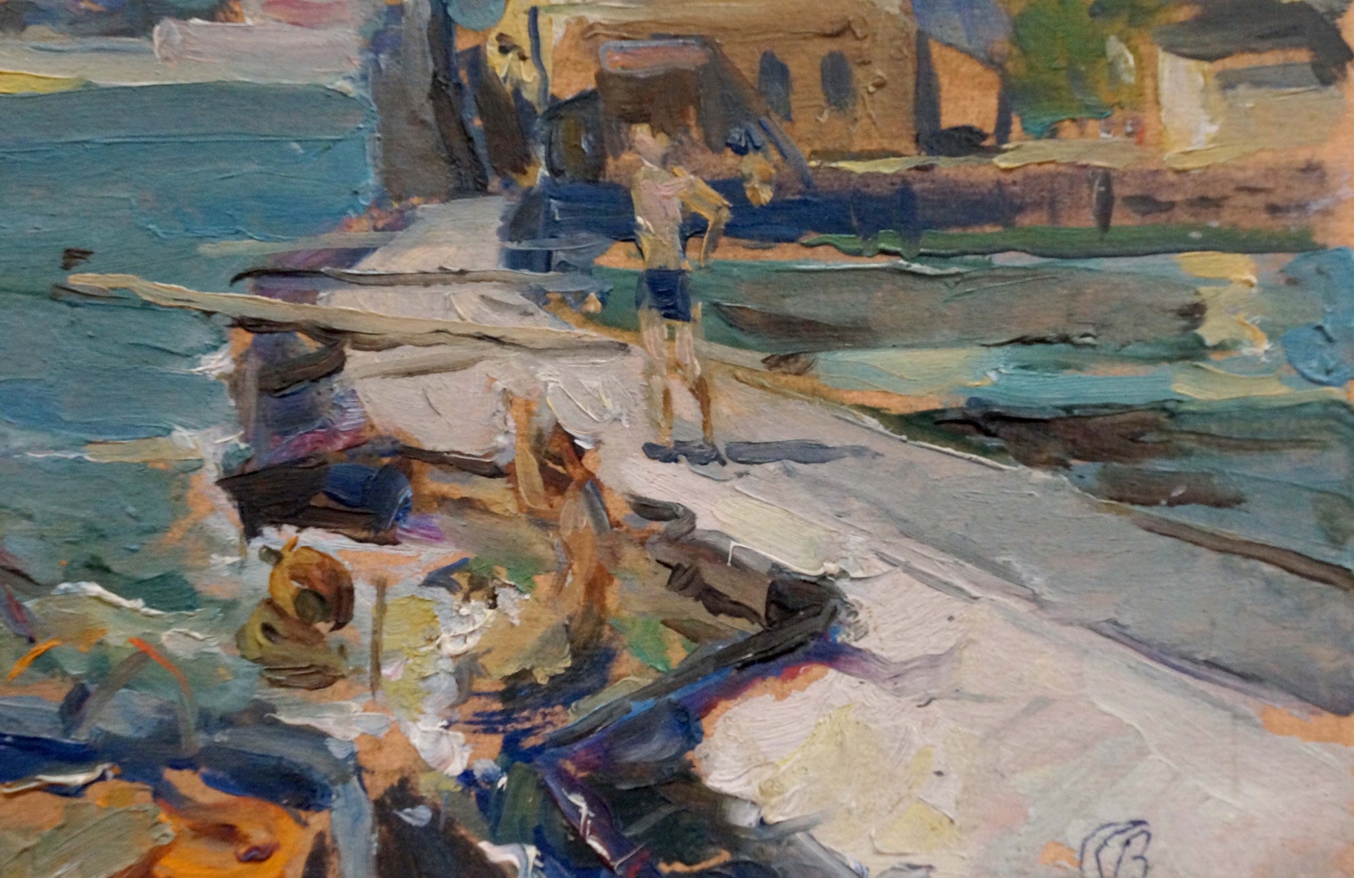 Impressionistic oil painting by Strelnikov of man in blue trunks on dock near boats