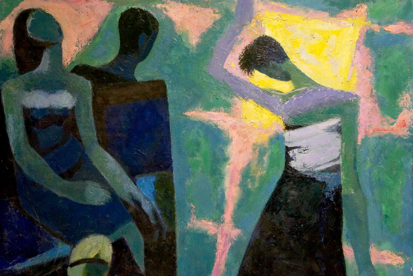 Abstract oil painting Dance Golikov I.E. with stylized figures in teal, blue, green, yellow, black