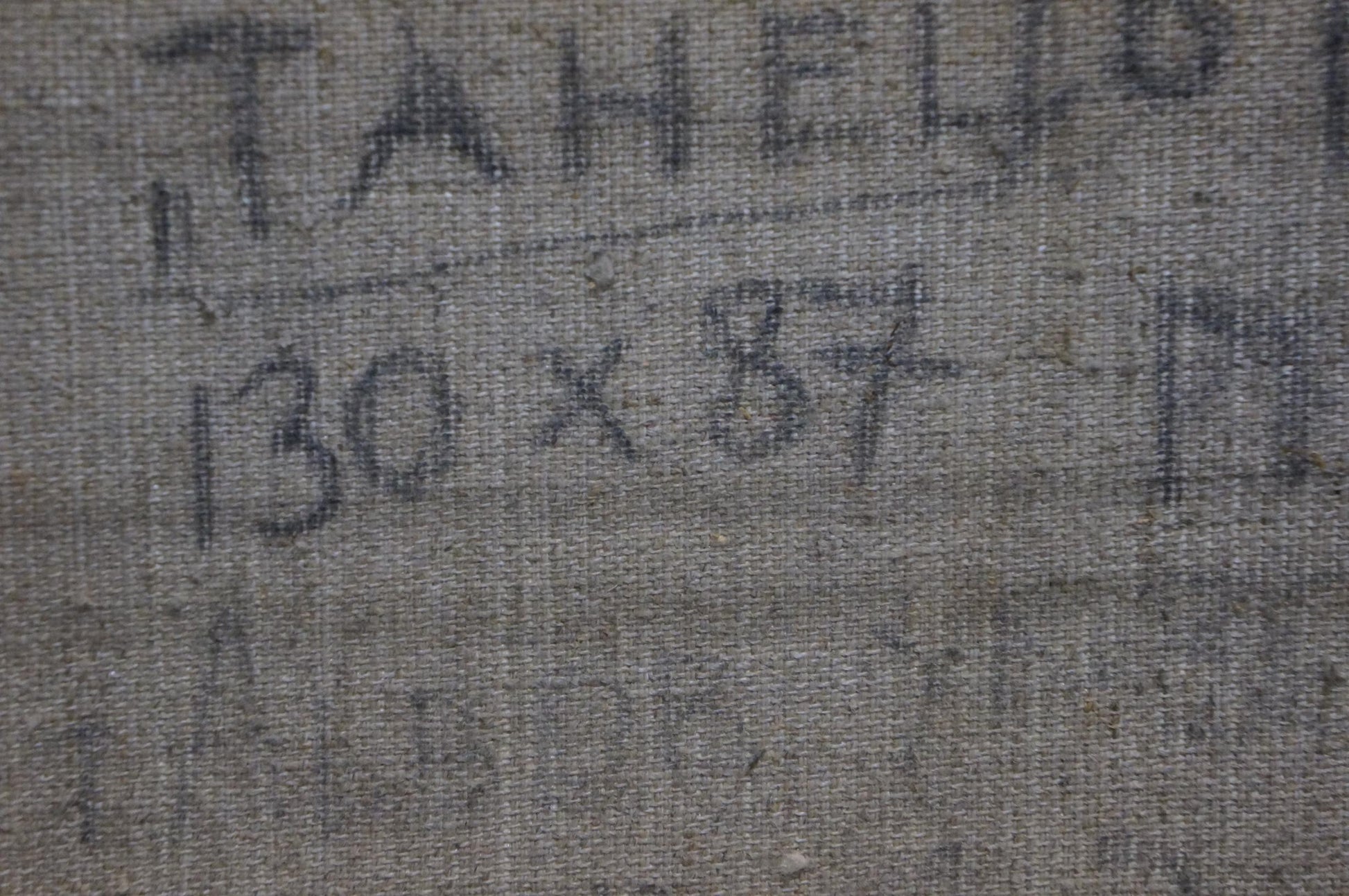 Back of Abstract oil painting Dance Golikov I.E. gray textured fabric with faded black handwritten markings