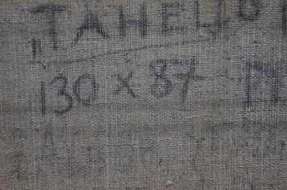 Back of Abstract oil painting Dance Golikov I.E. gray textured fabric with faded black handwritten markings