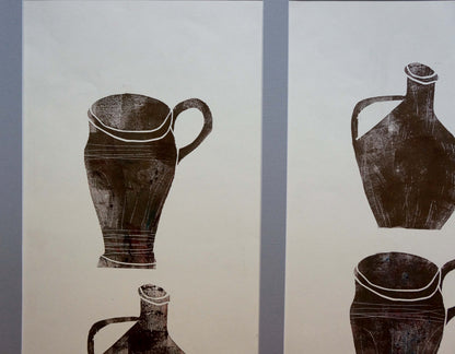 Black inked ceramic jug prints by Albina Yaloz on off-white paper