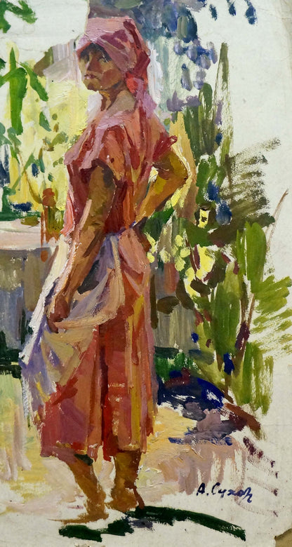 Oil painting portrait of woman in pink headscarf by Sukhorukikh Anatoly Ivanovich