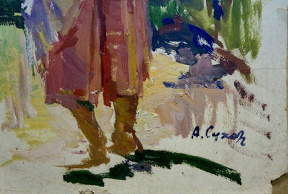 Vibrant impressionist oil portrait of woman in red robes by Sukhorukikh Anatoly Ivanovich