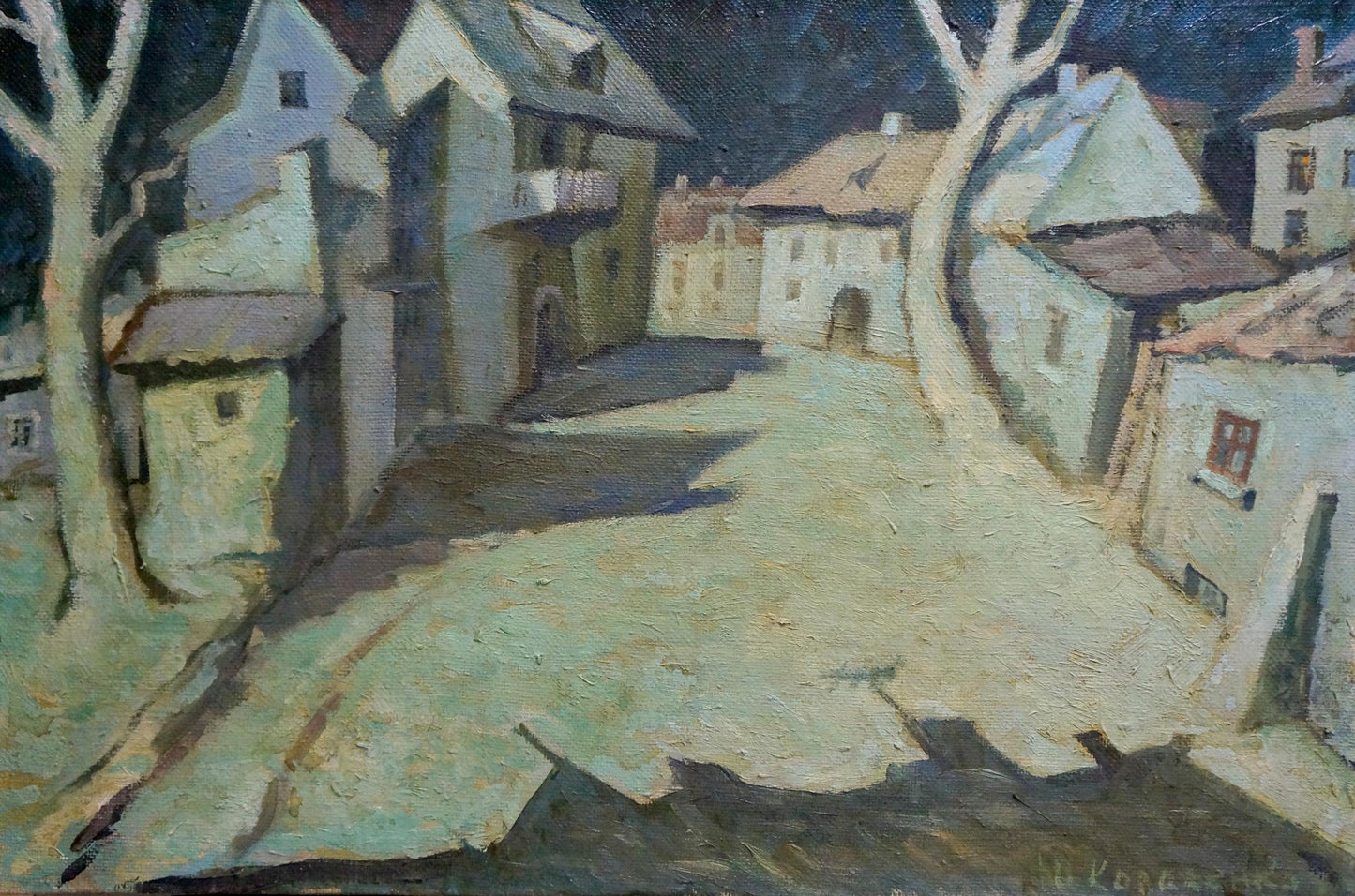 Oil painting Night by Yuri Andreevich Kovalenko village street at dusk