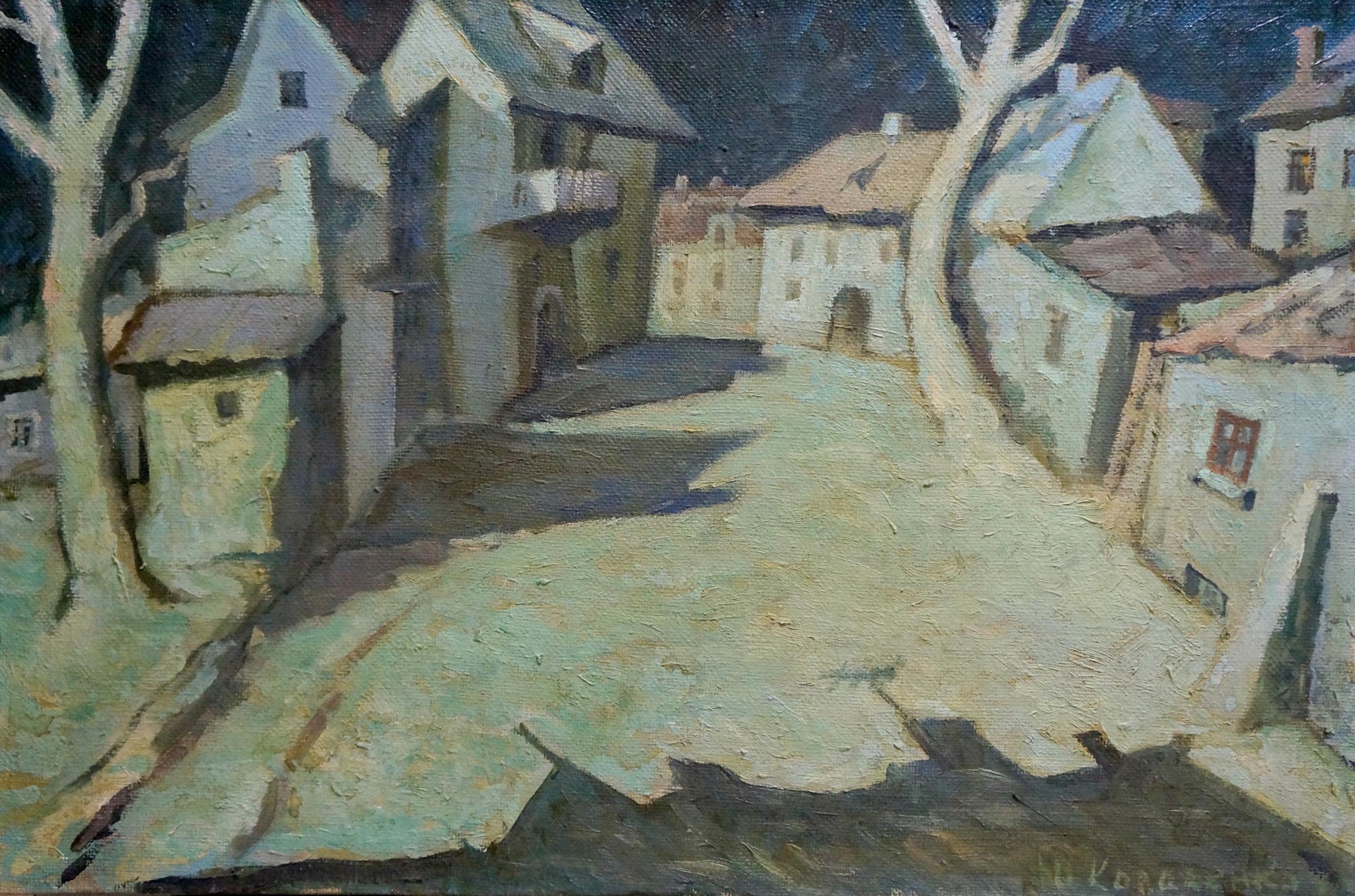 Oil painting Night by Yuri Andreevich Kovalenko village street at dusk