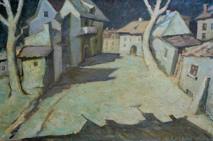 Oil painting Night by Yuri Andreevich Kovalenko village street at dusk