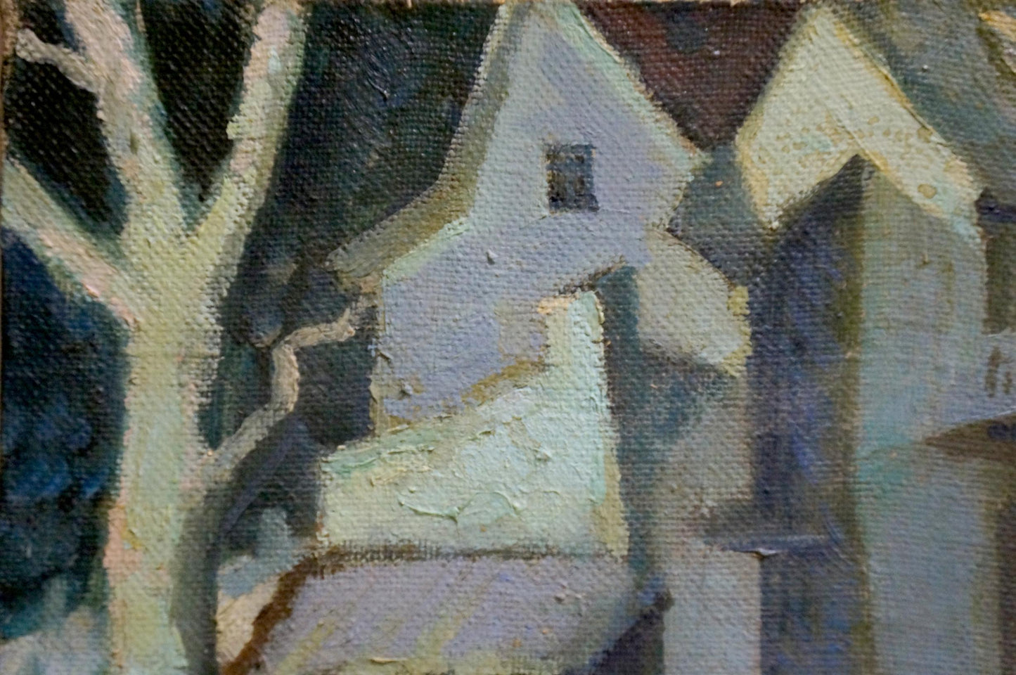 Oil painting Night by Yuri Andreevich Kovalenko: white houses, dark roofs, bare trees
