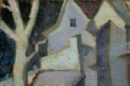 Oil painting Night by Yuri Andreevich Kovalenko: white houses, dark roofs, bare trees