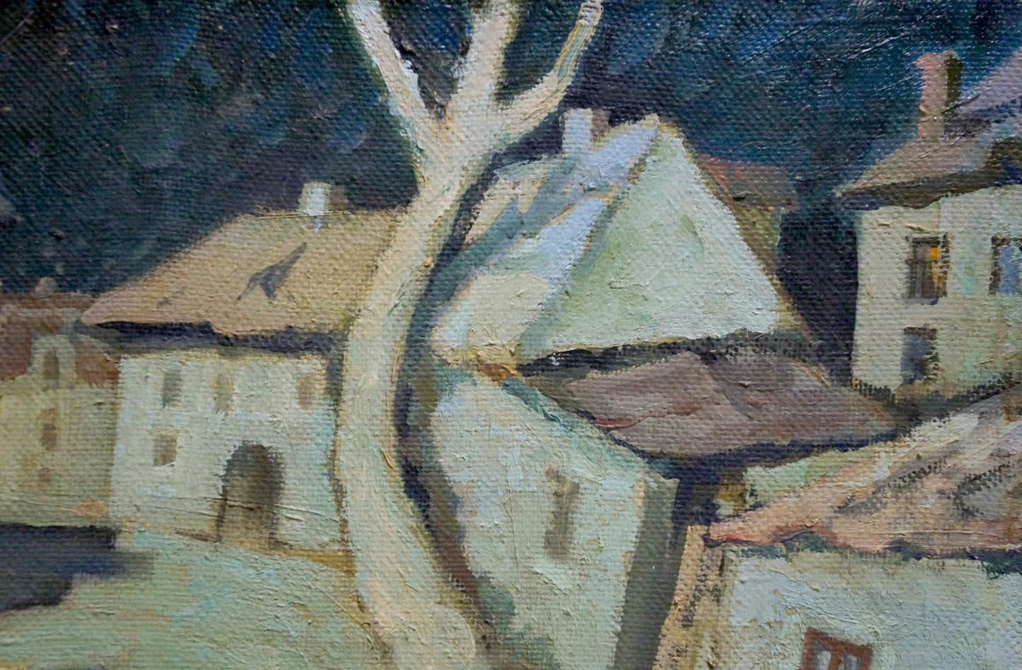Oil painting Night by Yuri Andreevich Kovalenko: village under blue sky