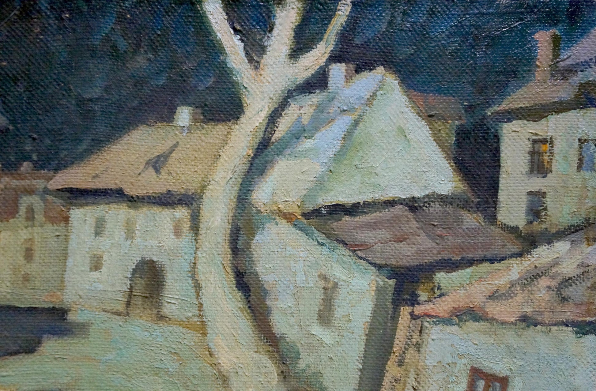 Oil painting Night by Yuri Andreevich Kovalenko: village under blue sky