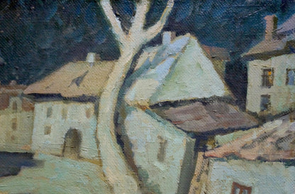Oil painting Night by Yuri Andreevich Kovalenko: village under blue sky