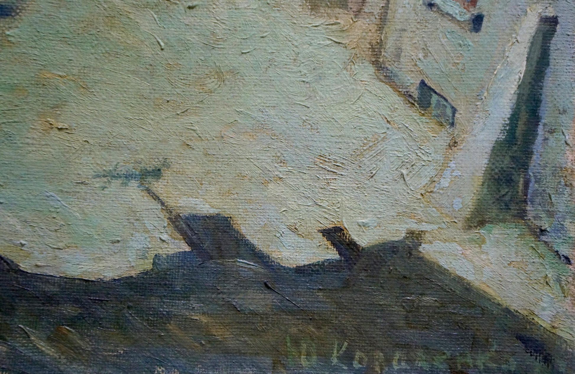 Textured oil painting Night by Yuri Andreevich Kovalenko, sunlit street scene
