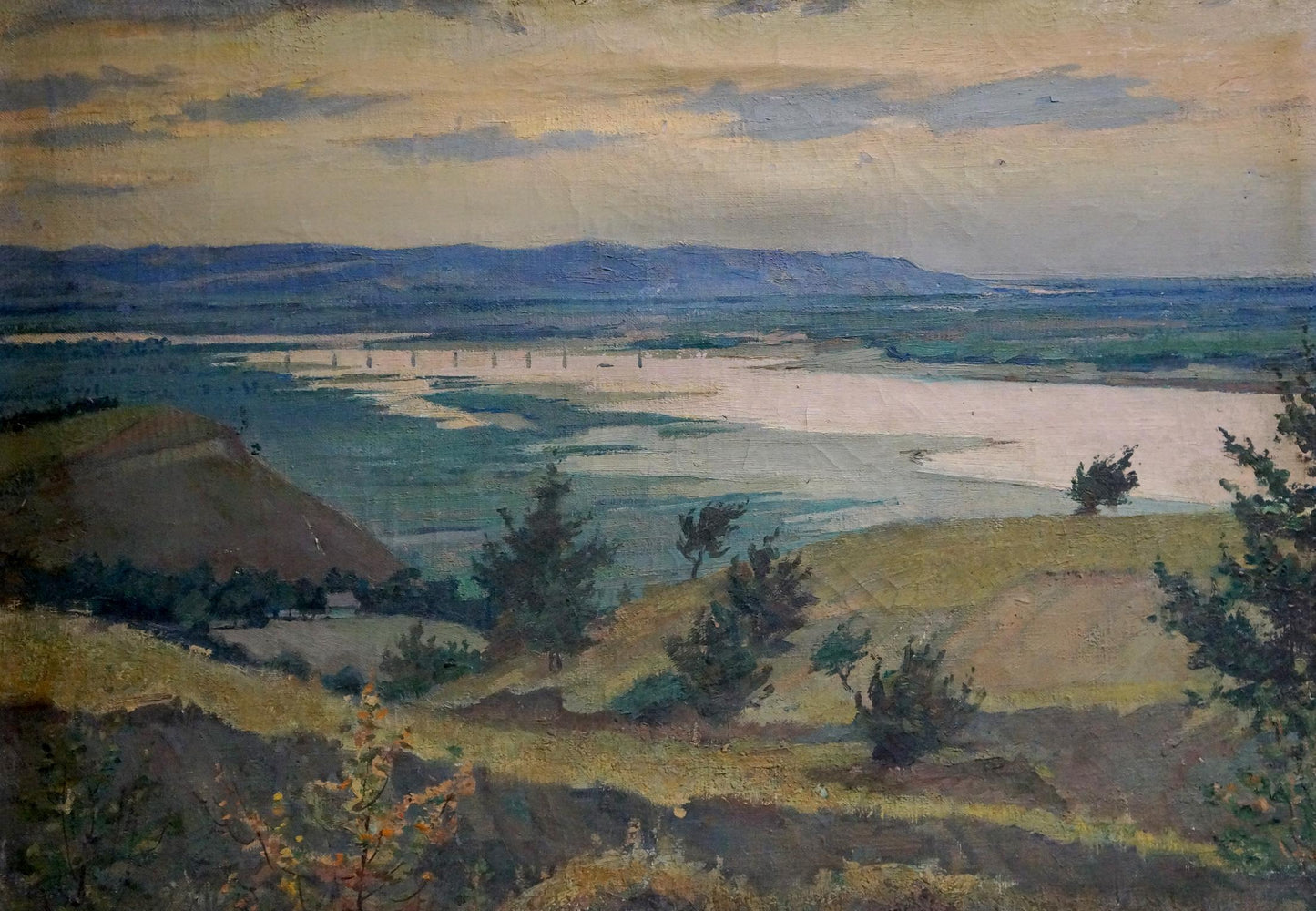 Vintage oil painting by Koshevoy Victor Ivanovich: serene evening river landscape