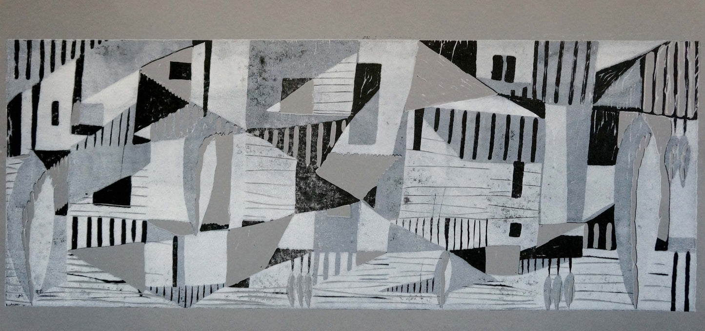 Abstract geometric painting Human thoughts by Albina Yaloz in black white gray