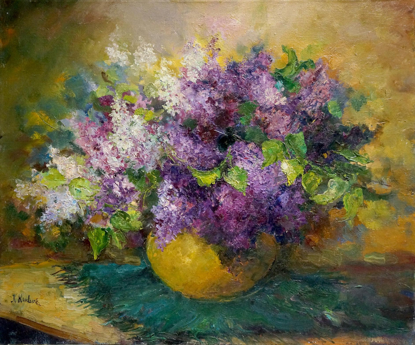Oil painting Lilac K. Wasilewska: vibrant lilacs in golden-yellow vase