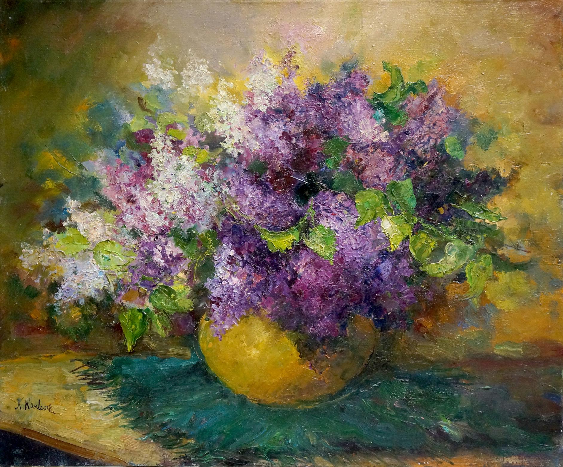 Oil painting Lilac K. Wasilewska: vibrant lilacs in golden-yellow vase